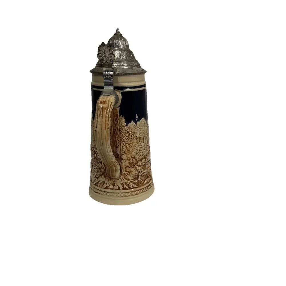 Vintage German Beer Stein Pewter Lid Made in Germany Relief Scene Ceramic Mug